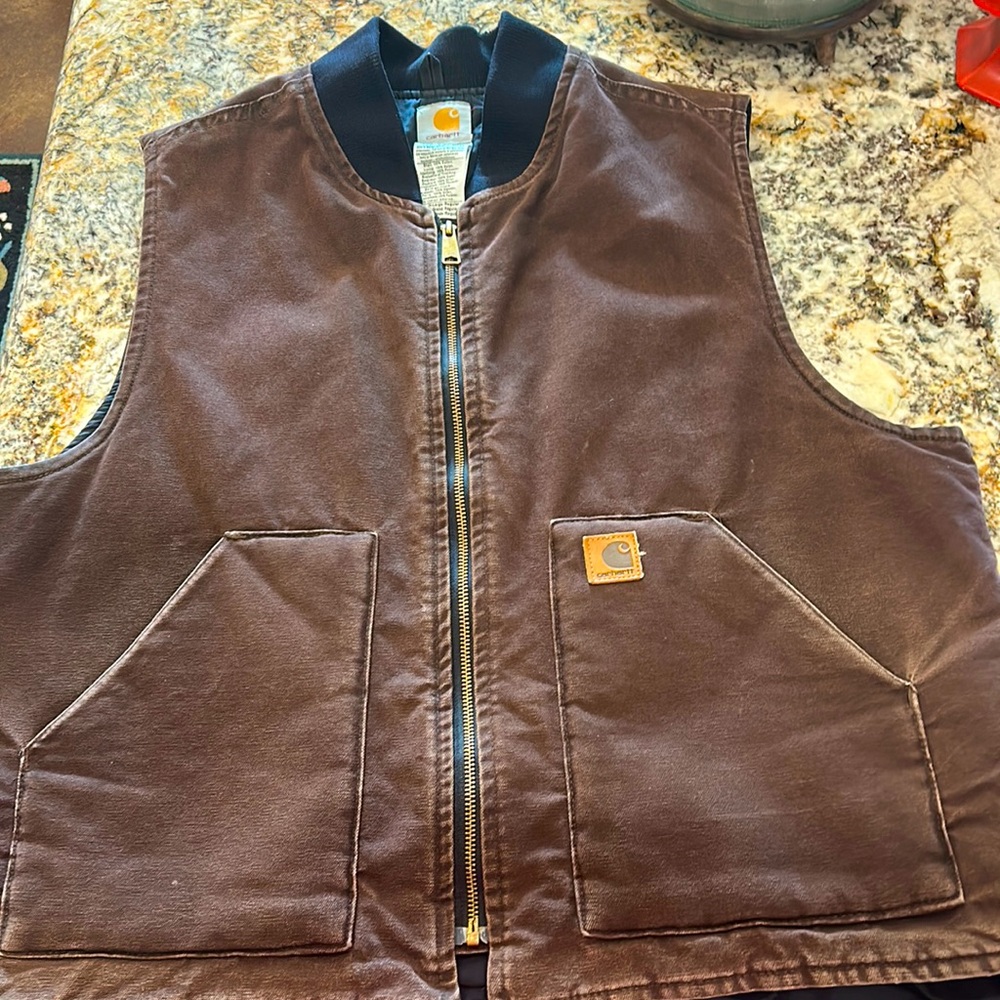 Carhartt Vest Mens XL Dark Brown Canvas Duck Quilt Lined Sleeveless Jacket V02